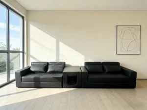 Black pet-friendly modular sofa - built-in pet cave, modern minimalist design for large urban living rooms