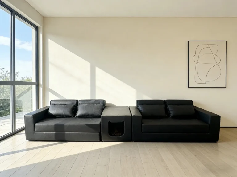 Black pet-friendly modular sofa - built-in pet cave, modern minimalist design for large urban living rooms