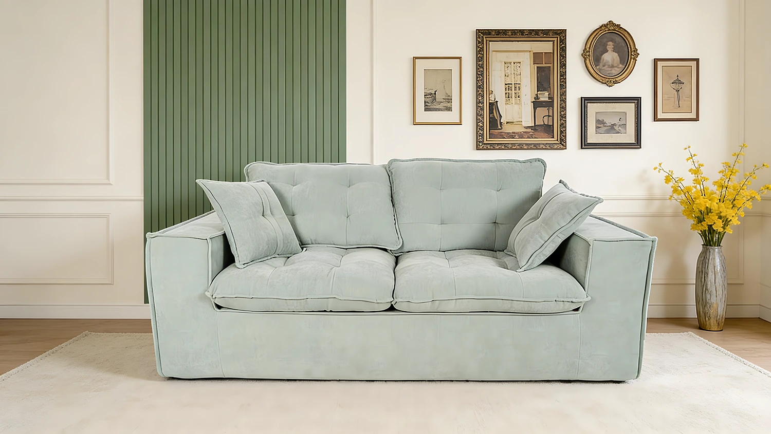Sage Green Velvet Compression Sofa - Plush Upholstered Foldable Boxed Sofa for Elegant Living Rooms, Easy No-Assembly
