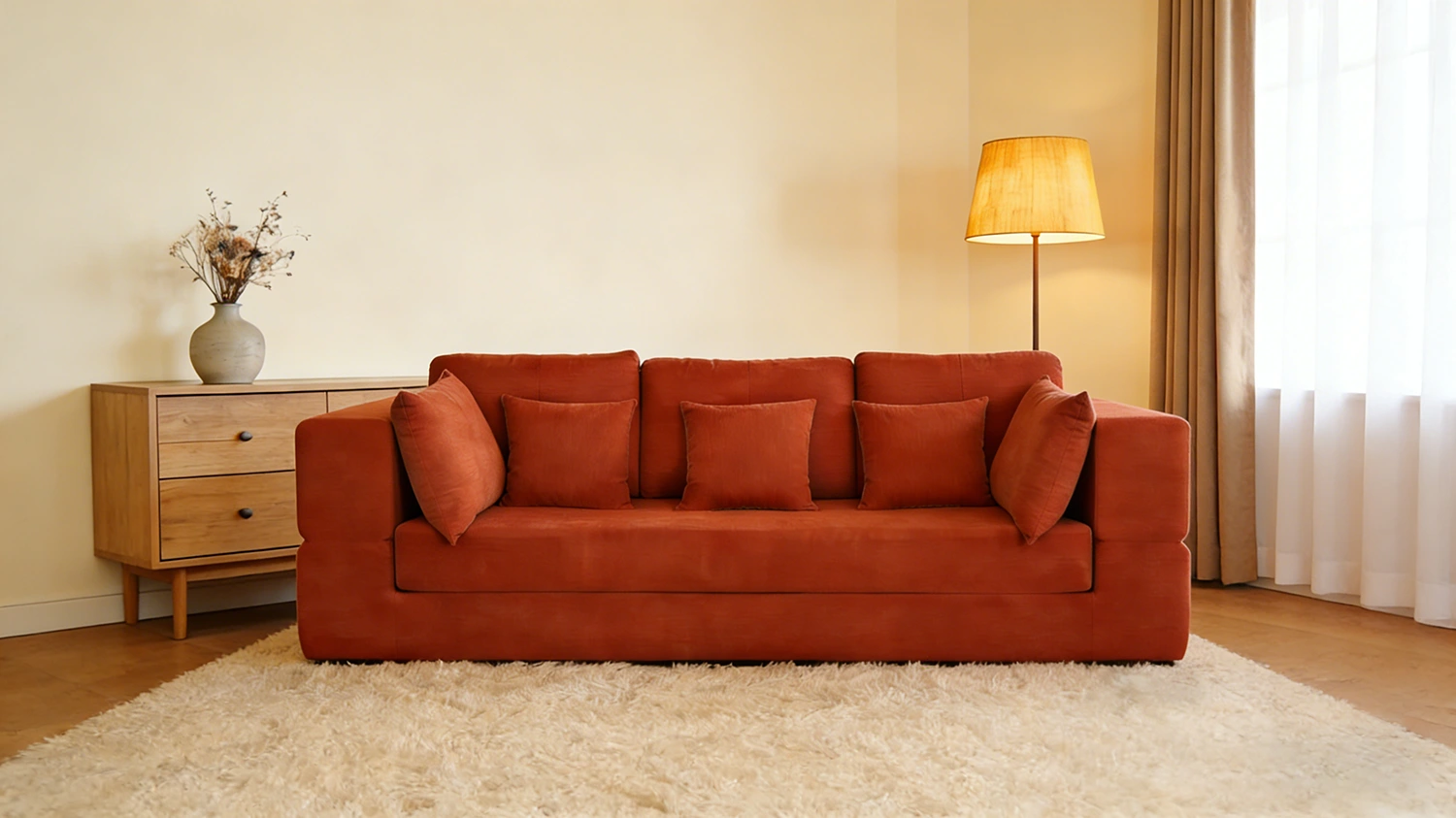 Terracotta velvet three-seater sofa - warm modern design for cozy living rooms