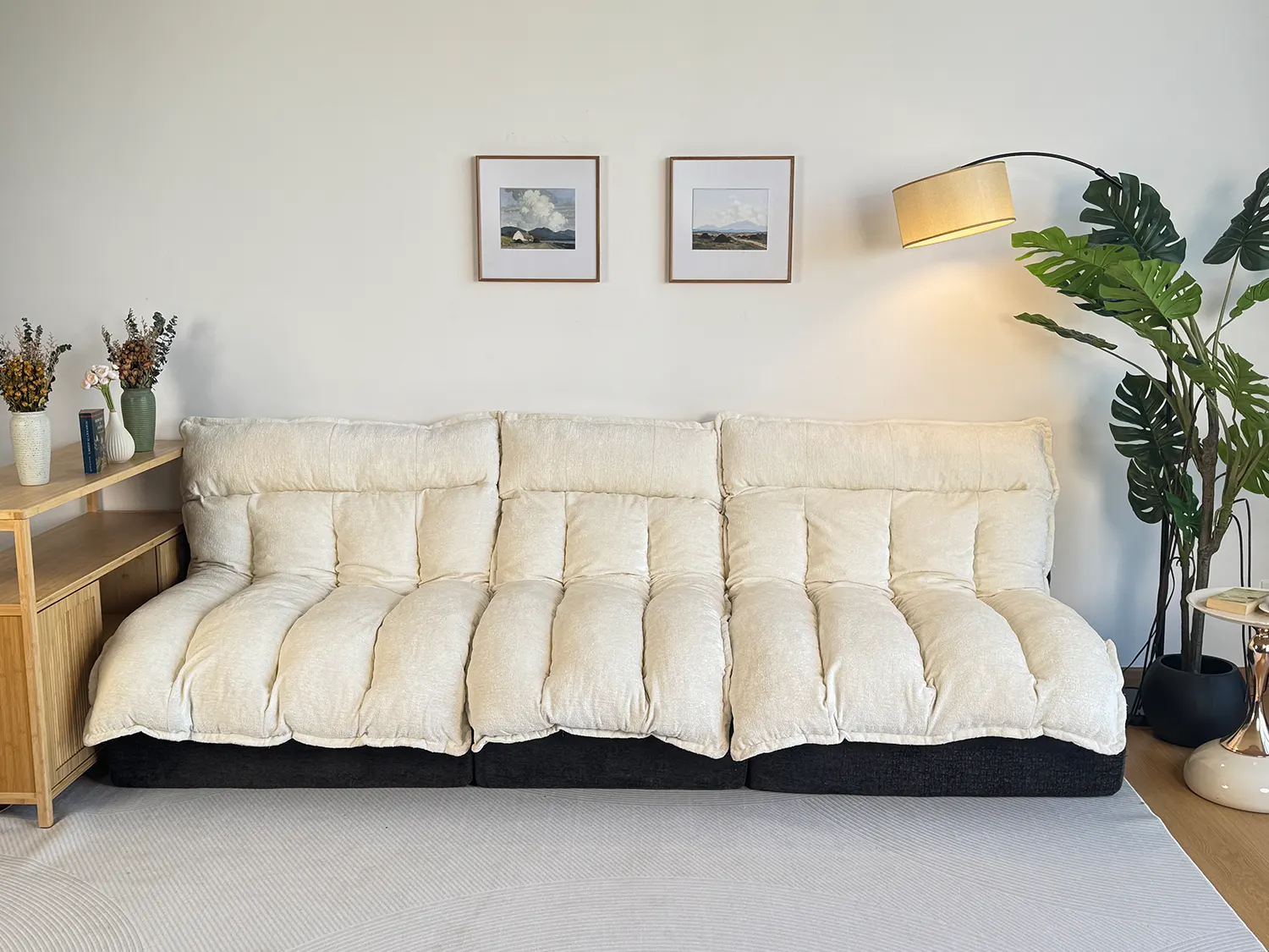 Cream quilted plush modular sofa - three-seater, cloud-style design for spacious cozy interiors