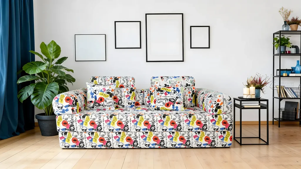 Pop art graphic fabric two-seater convertible modular sofa - bold eclectic design for creative living spaces