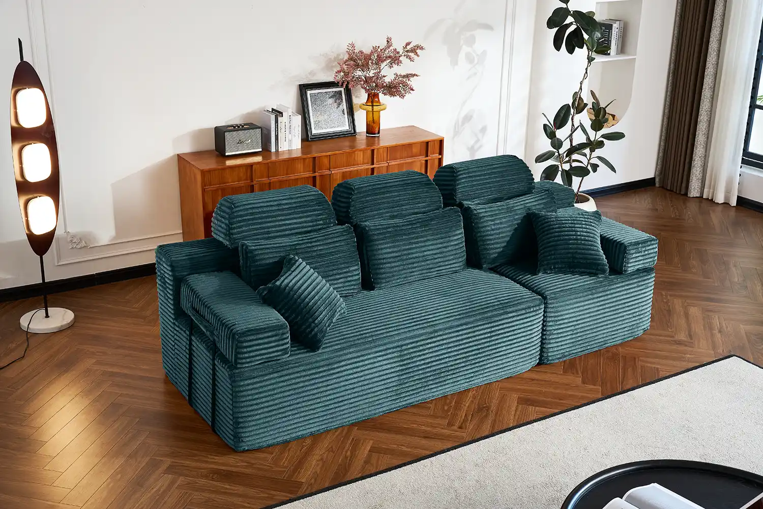 Teal corduroy modular compression sofa - four-seater, modern retro design for living room