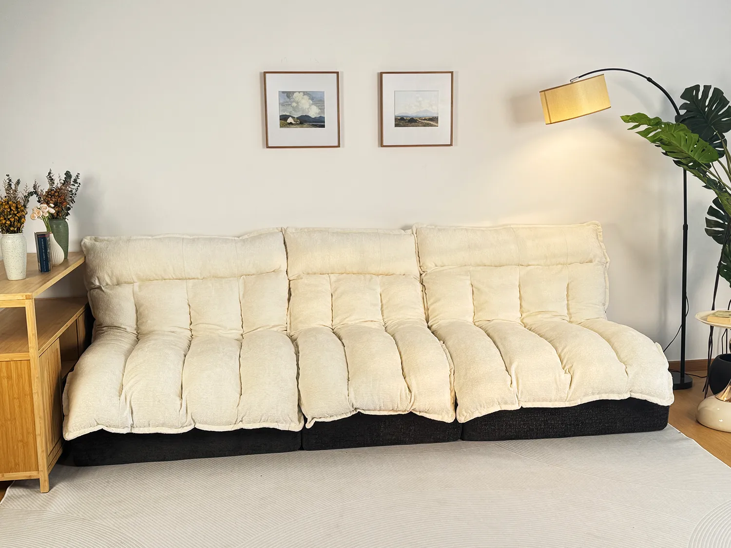 Cream modular quilted plush sofa - three-seater, flexible design for large cozy living rooms