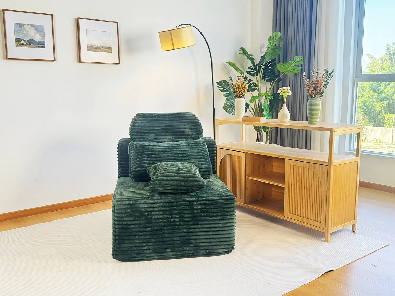 Dark grey corduroy modular floor sofa set with 2-seater configuration and back support handles.