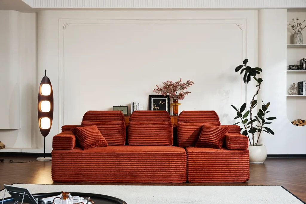 Terracotta corduroy three-seater modular compression sofa - modern retro design for living room