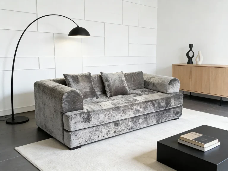 Grey marble-patterned velvet two-seater sofa - modern luxury design for minimalist living rooms