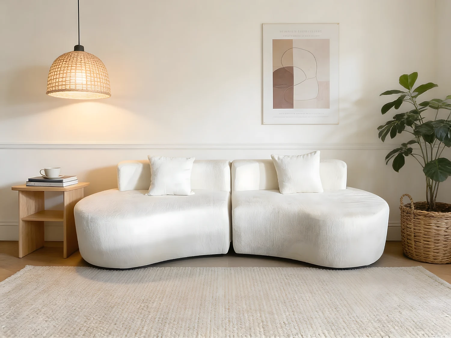 White curved modular plush sofa - two-seater, modern bohemian design for cozy living rooms