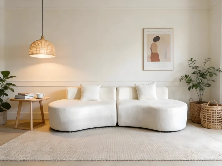 White modular curved plush sofa - two-seater, minimalist-cozy design for bright living spaces