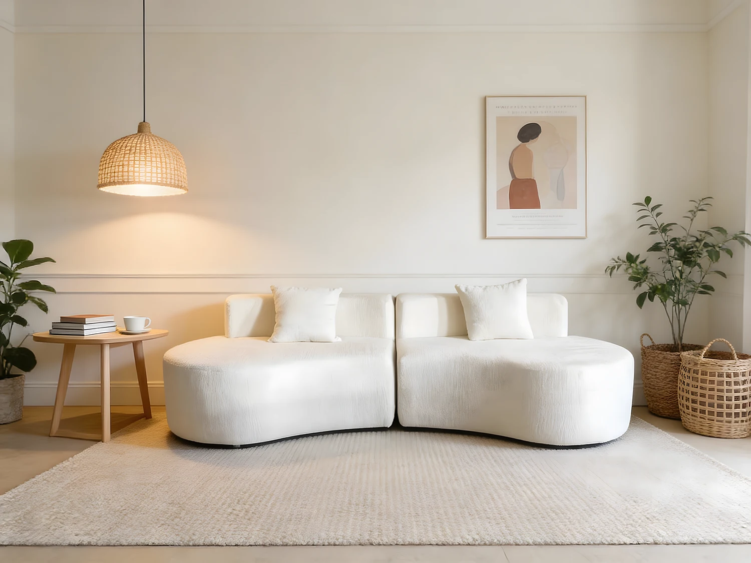 White modular curved plush sofa - two-seater, minimalist-cozy design for bright living spaces