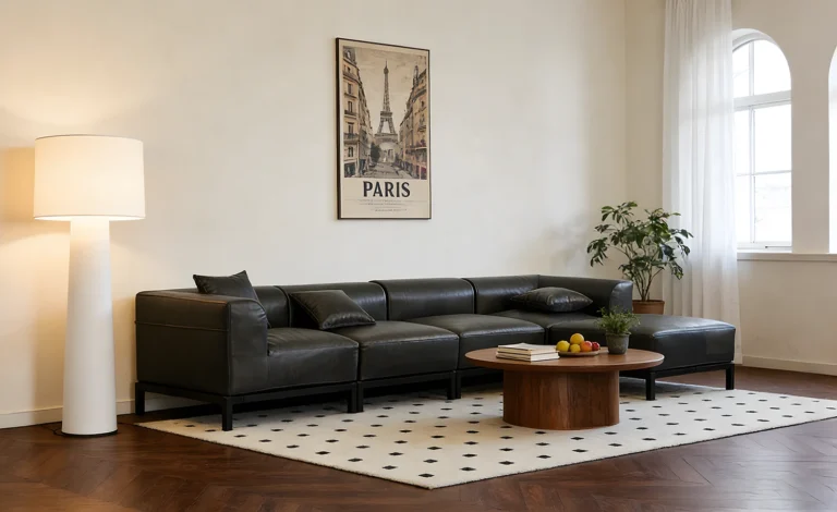 Black leather L-shaped modular sofa - minimalist modern design for urban living rooms