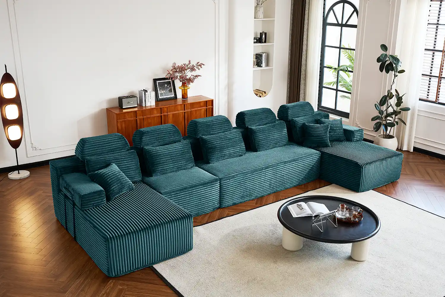 Teal corduroy U-shaped modular compression sofa - five-seater with ottoman, space-saving for large living areas