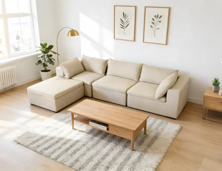 Beige linen L-shaped modular sofa - Scandinavian design for bright cozy living rooms