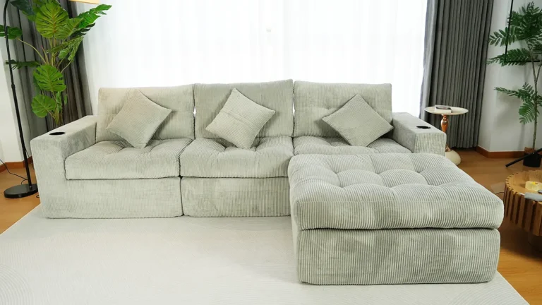 Light grey ribbed corduroy L-shaped modular sofa with cup holders - multi-seater, modern leisure design for living rooms