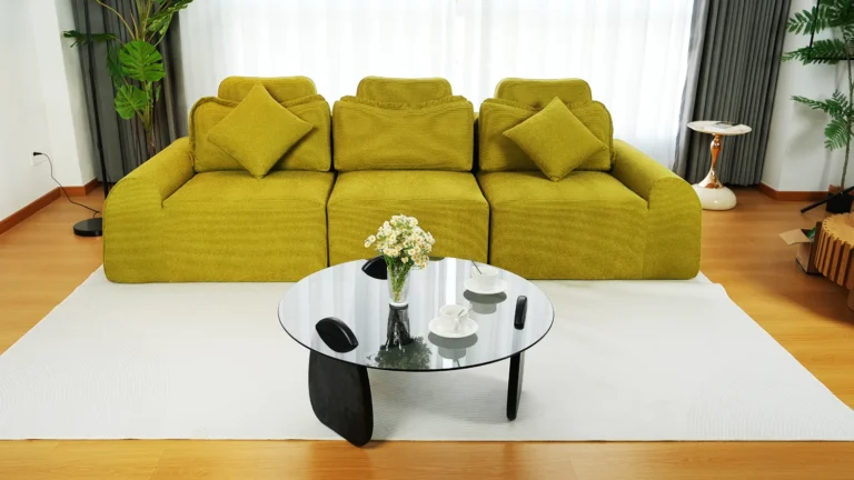 Olive green corduroy modular sofa - three-seater, modern retro design for bright living rooms