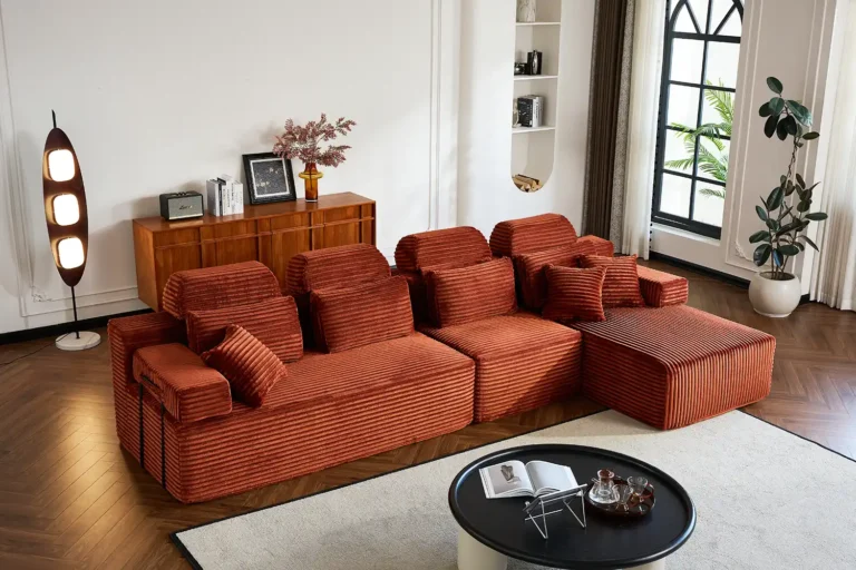 Terracotta corduroy U-shaped modular compression sofa - five-seater with ottoman, space-saving for large living areas