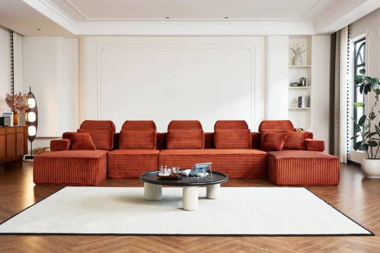 Terracotta Corduroy U-Shaped Five-Seater Modular Compression SofaPlush corduroy fabric, U-shaped modular structure, compression storage for spacious modern-retro spaces.
