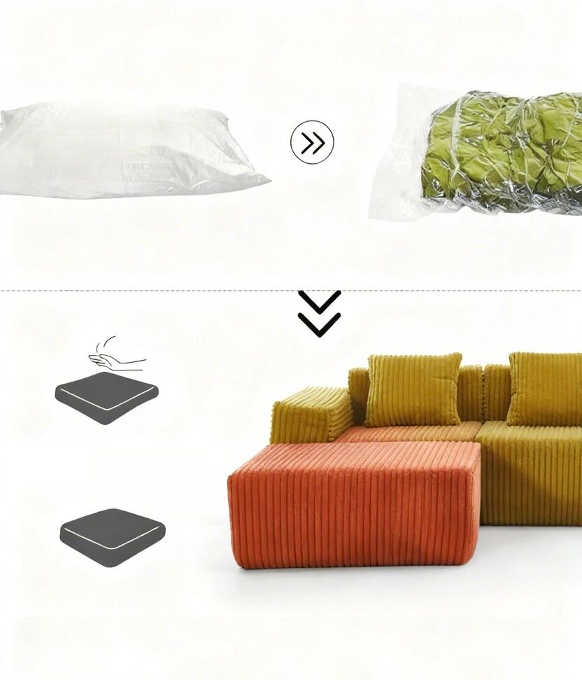 Sofa assembly process: Compressed packaged cushion (left) expands to green corduroy cushion, paired with floor protectors (bottom left) for a two-tone (yellow-orange) modular corduroy sofa (right)